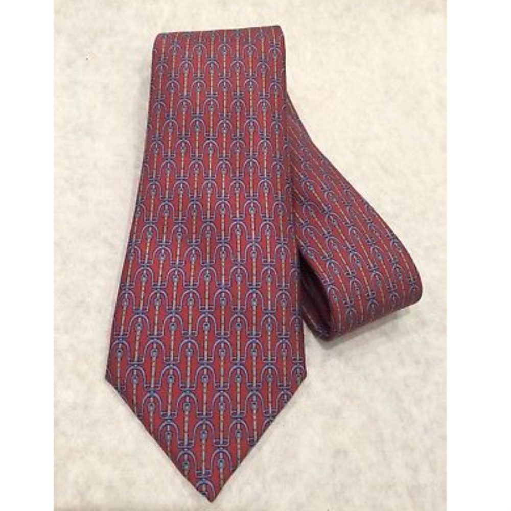 Hermes Red Blue Silk Buckle Equestrian Print Tie